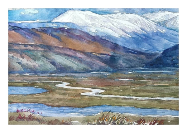 水彩画：帕米尔河谷