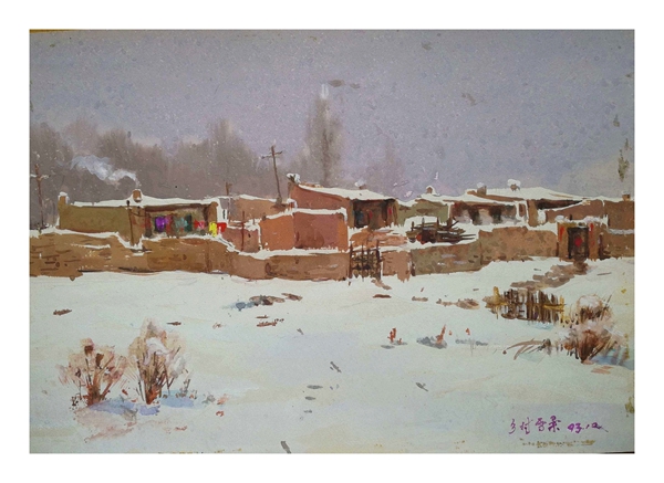水粉画：乡村雪景